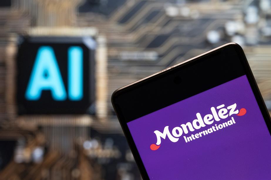 Mondelez logo on smartphone with neon 'AI' in background