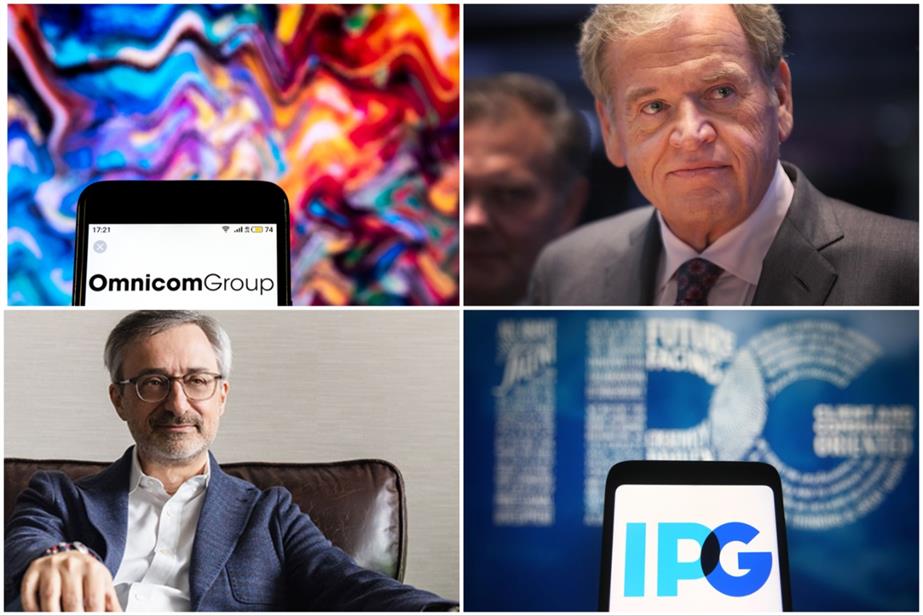 Clockwise from top left: Omnicom logo, John Wren, IPG logo, Philippe Krakowsky 