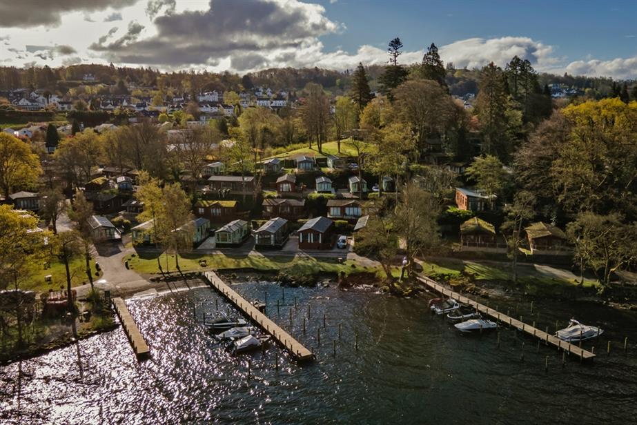 An overhead shot of a Parkdean Resort on a lake