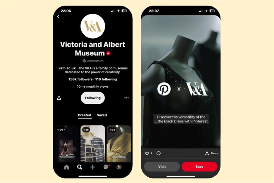 Two smartphone screens showing Pinterest's V&A Museum Chanel exhibition
