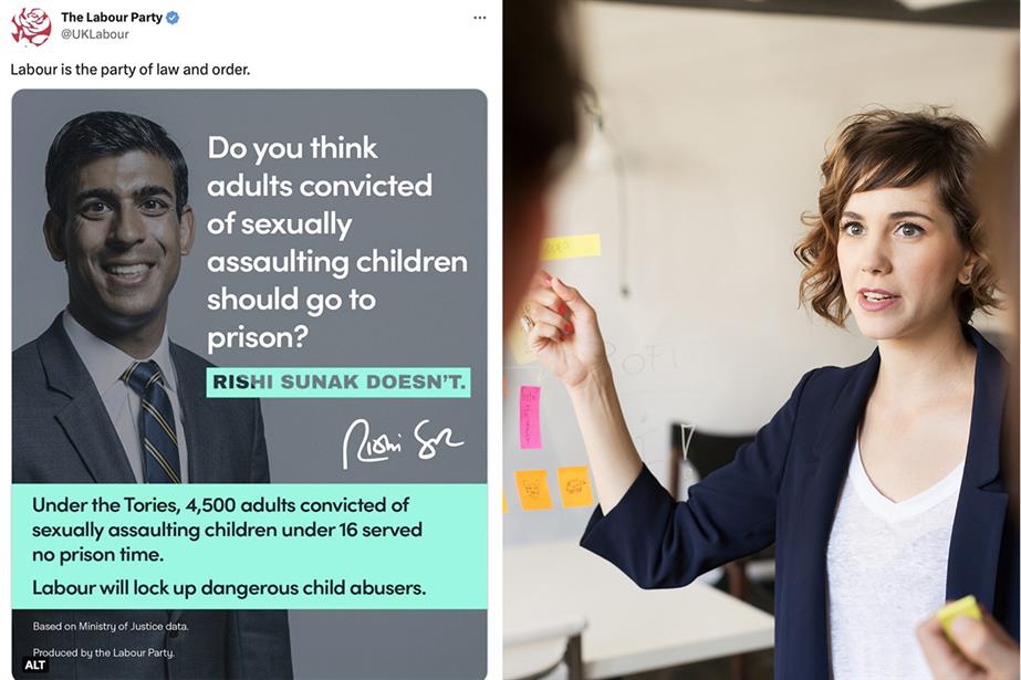 On the left, a Labour ad that implies Rishi Sunak is soft on child sex abusers and, right, a lady presents as part of a pitch