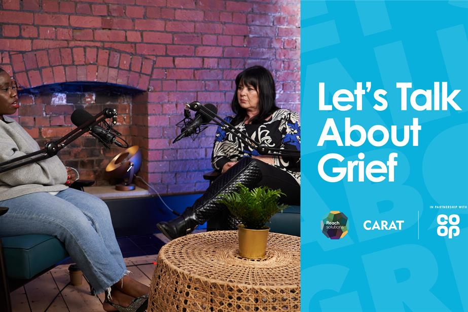 Coleen Nolan and another woman sitting talking into microphones with a blue background next to them and text saying "Let's Talk About Grief" and the Reach, Carat and Co-op logos