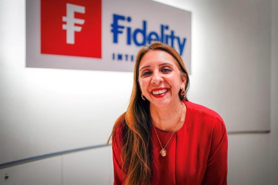 Richa Goswami headshot in front of Fidelity International logo