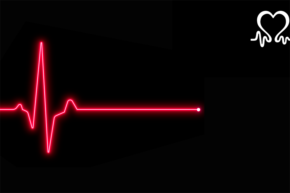 A black background with a pink neon line showing a heartbeat and a white heart icon in the top corner