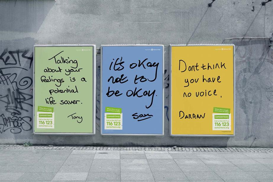 Three posters from Samaritans. Left (green background): "Talking about your feelings is a potential life saver, Tony". Middle (blue background): "It's okay not to be okay, Sam". Right (yellow background): "Don't think you have no voice, Darren."