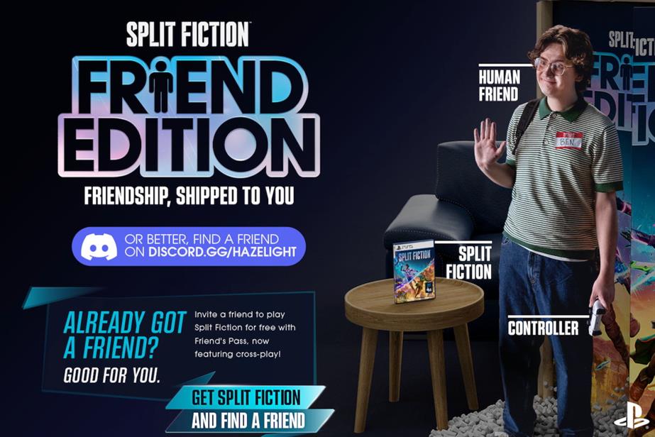 An ad for video game Split Fiction's fictional Friend Edition, which comes with pictured game, controller and real-life friend