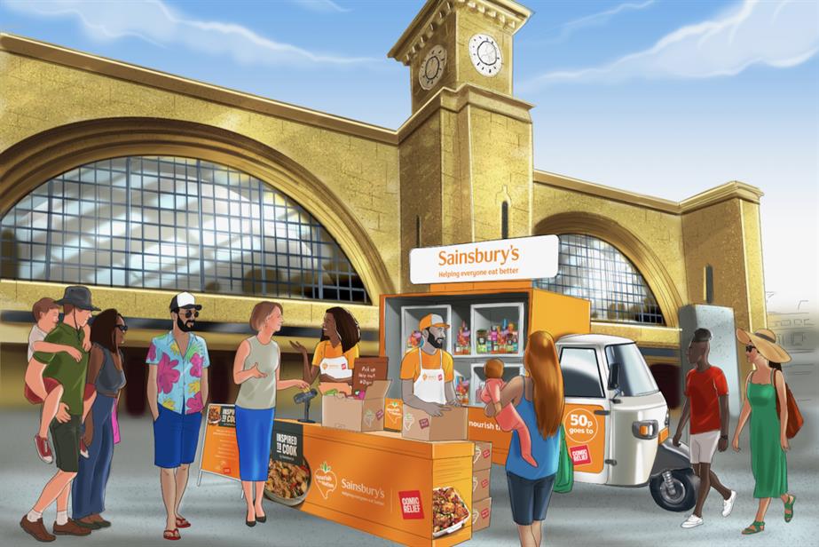 An illustration of a pop-up selling Sainsbury's meals to commuters at London's Kings Cross