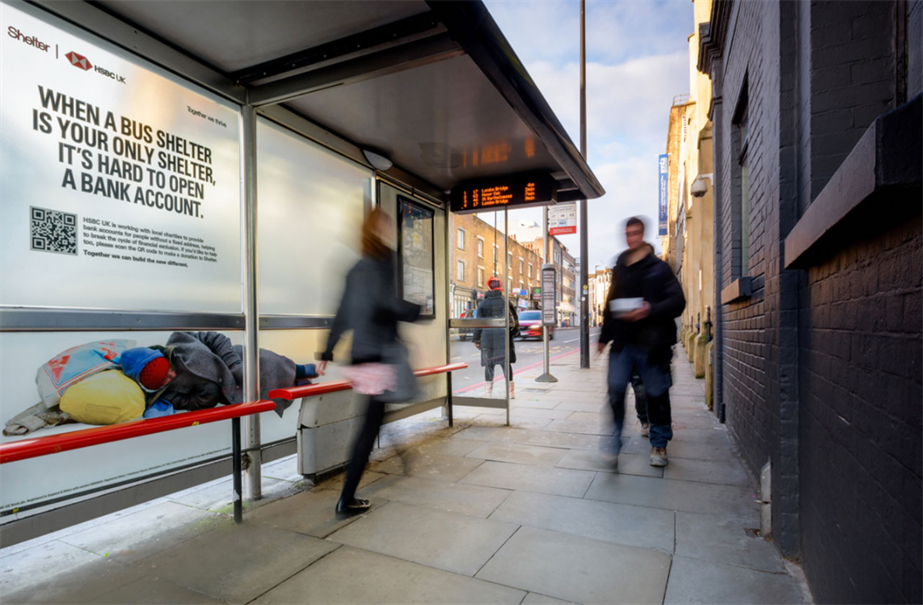 Bus stop with HSBC UK & Shelter's 'Addressing the No Fixed Address problem' ad