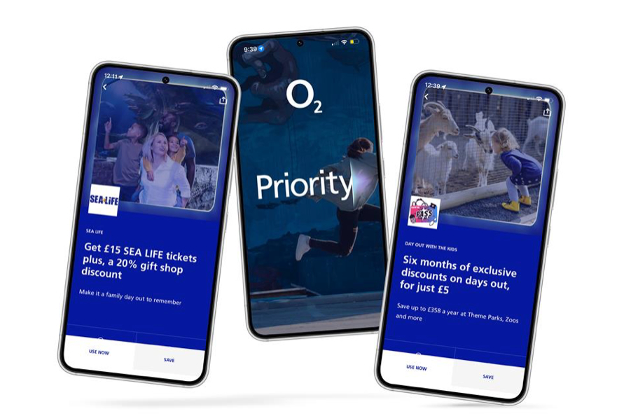 Images of smartphones carrying O2 Priority offers of discounts on experiences