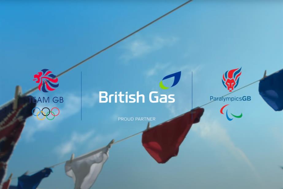 British Gas: a still from its 'Peak performance' TV ad, with an end shot of pairs of swimming trunks on a washing line