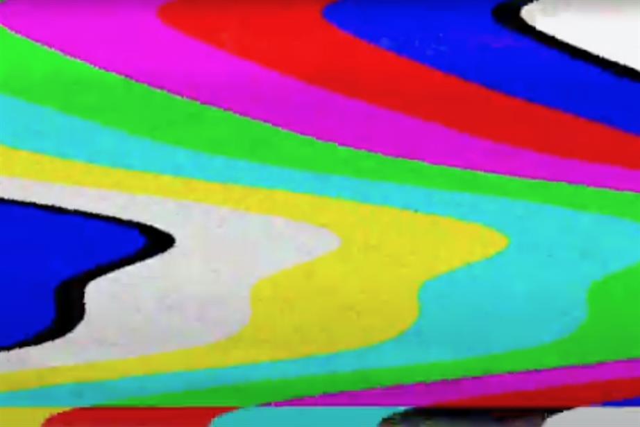 A TV test card that has distorted into a multi-hued series of wobbles