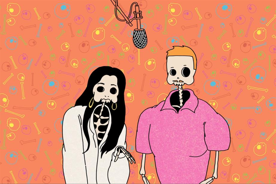 An animated couple talking about their big night out, a mic hangs above them