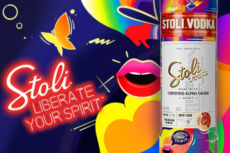 A bottle of Stoli vodka, with the tagline "Stoli: Liberate your spirit"