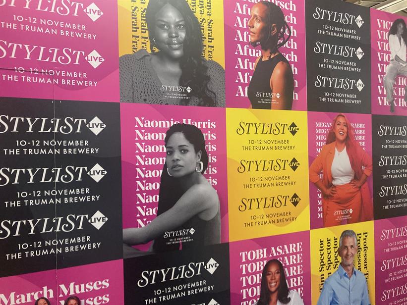 A number of images with the Stylist logo on and the dates of its Stylist Live event. Also included is a photo of Naomie Harris. Colour schemes is black and white; pink and white; and black and yellow.