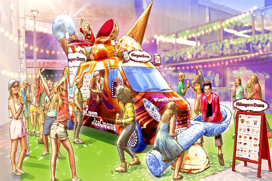 Illustration of van with DJ on top and people dancing 