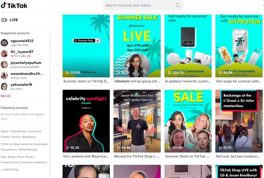 TikTok Shop UK's web page, which features videos of creators selling products