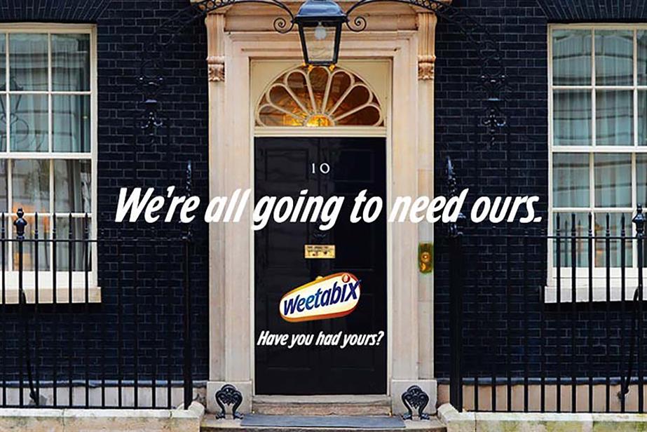  10 Downing Street with the words "We're all going to need ours" and the Weetabix logo over the top