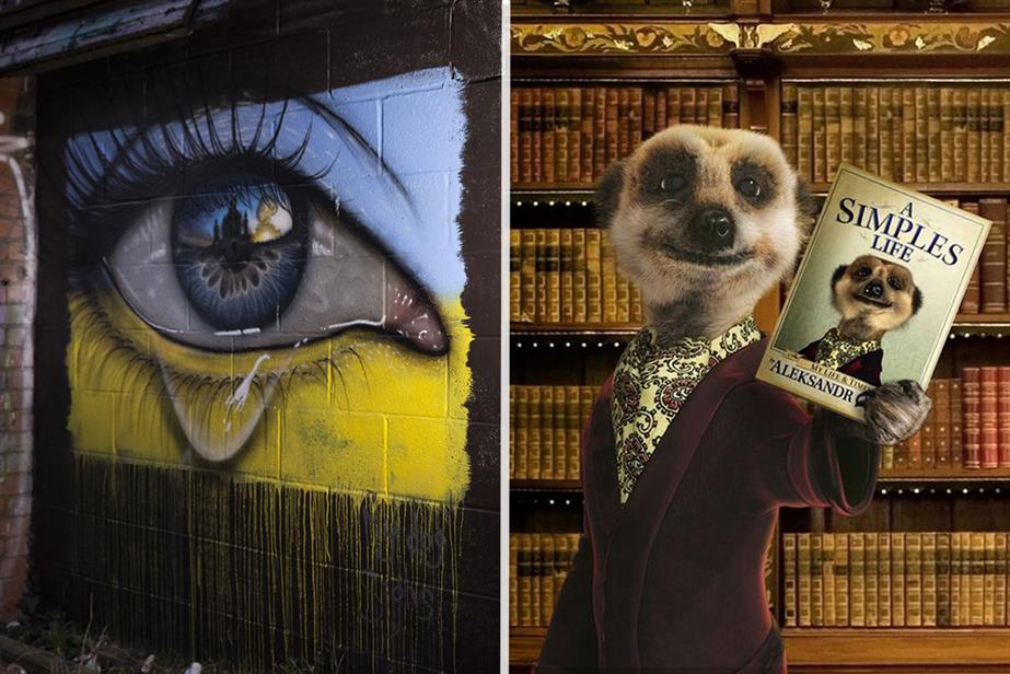 Left, graffiti depicting a teary eye on a Ukrainian flag; right, Comparethemarket meerkat Aleksandr Orlov