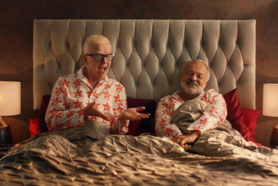 Chris Evans and Graham Norton in bed together, wearing Virgin Radio-branded PJs
