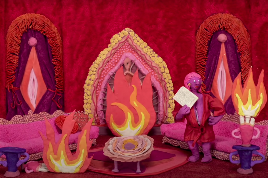 An animated woman stands in a burning room, illustrating what the menopause feels like 