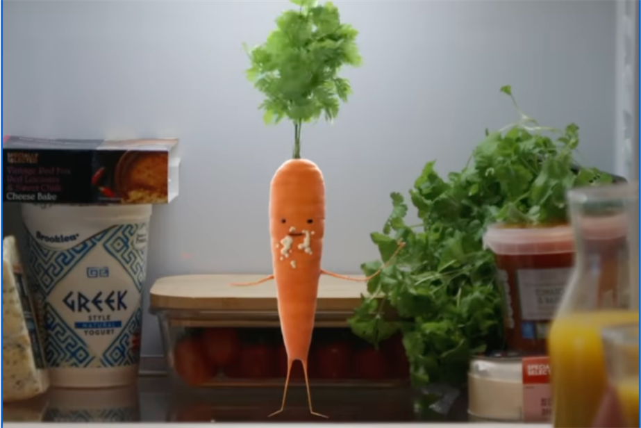 Kevin the carrot in a fridge