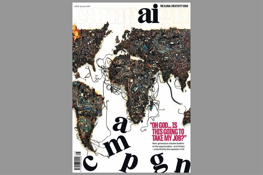 Campaign front cover shows a world map made out of wires and technology pieces. The "AI" letters from Campaign are at the top, while the others ones have drooped to the bottom.