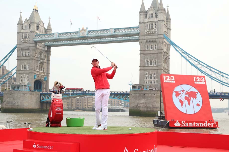 Rory McIlroy tees off on the River Thames