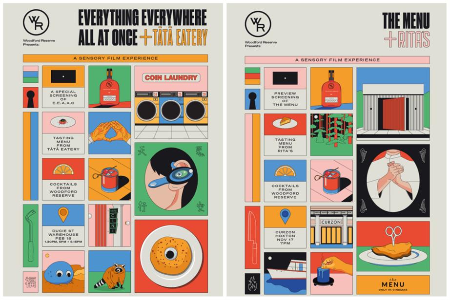 Two brightly coloured posters for Everything Everywhere All At Once and one for The Menu