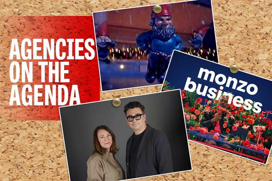 From top to bottom: images of Asda's latest Christmas campaign featuring garden gnomes, Monzo's business's latest ad featuring a man covered in flowers; and M&C Saatchi Group's Jo Bacon and Gen Kobayashi
