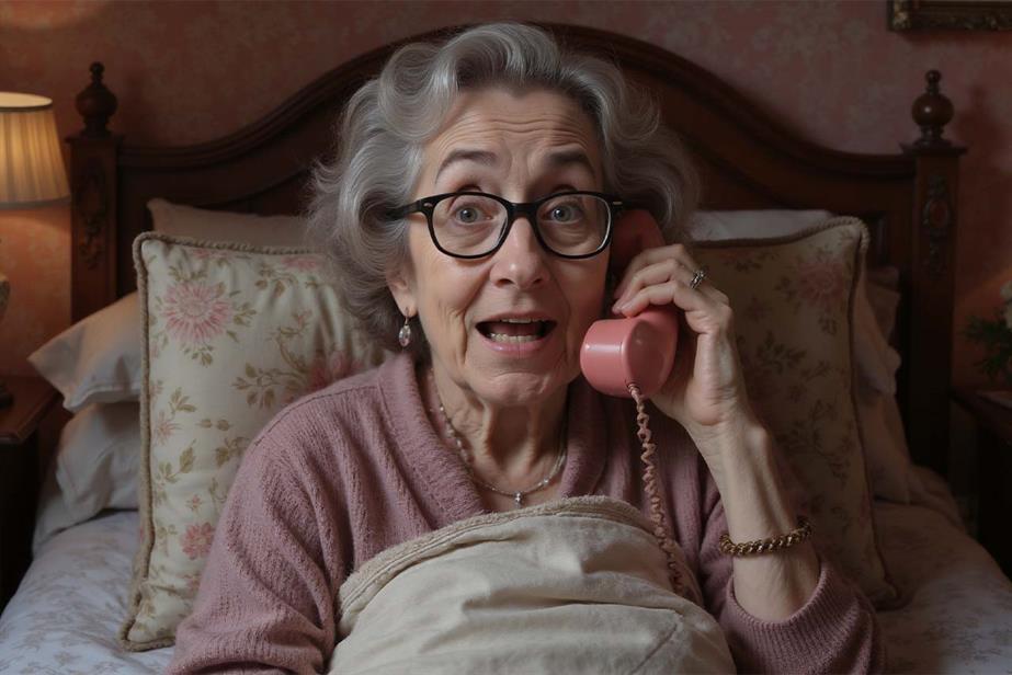 AI granny in bed holding a phone