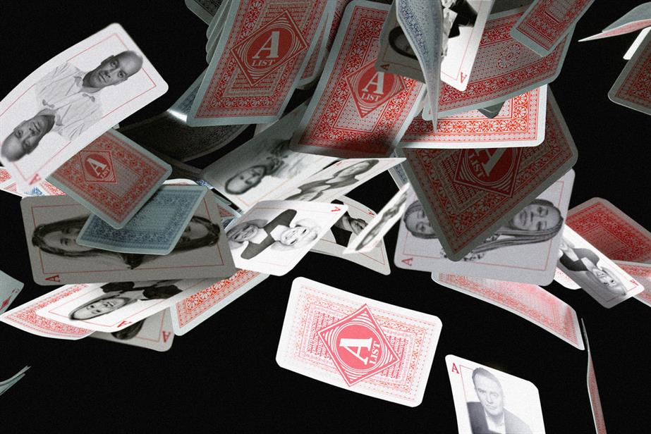 Playing cards in the air featuring people from the pk10 A List
