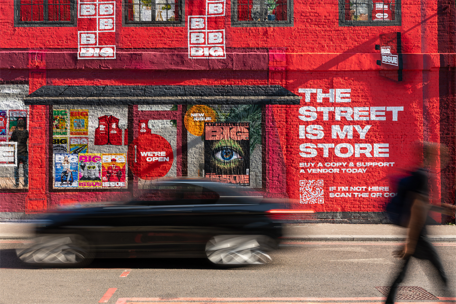 Photo of Big Issue Group campaign "The street is my store", advertised on the side of London's Village Underground music venue