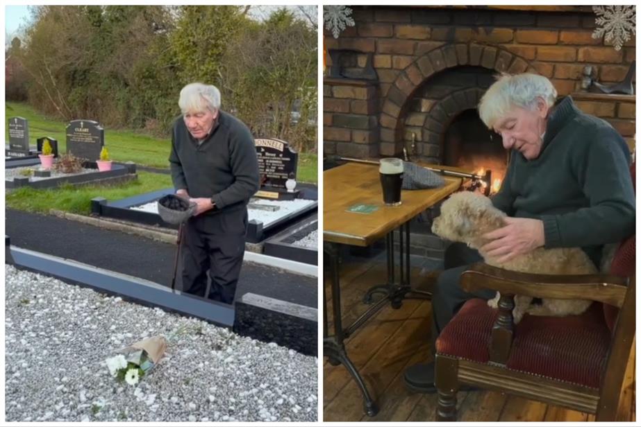 On the left: a man visits a grave. On the right: the same man is visited by the dog of a younger couple.