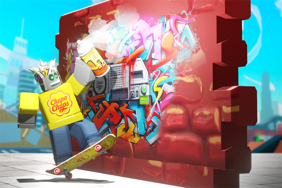 Promotional graphic for Chupa Chups' latest Roblox game 'Skate & Create'