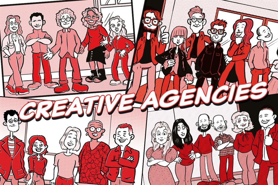 A cartoon image in red of different people with text over the top saying 'Creative Agencies'