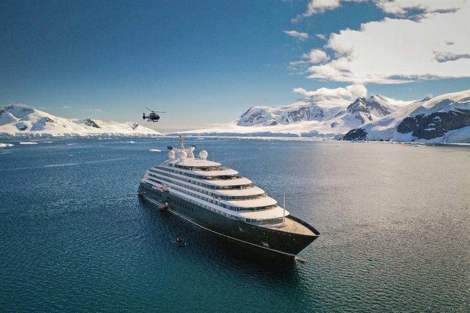Cruise ship moving through the Antarctic Peninsula