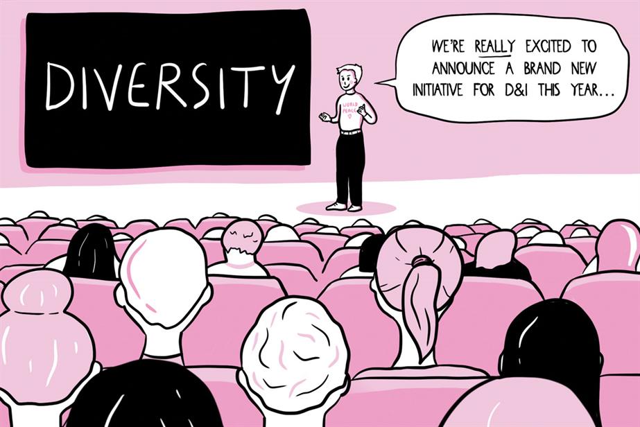 A cartoon of a person on a stage saying 'We're really excited to announce a brand new initiative for D&I this year...' next to a screen saying 'Diversity'