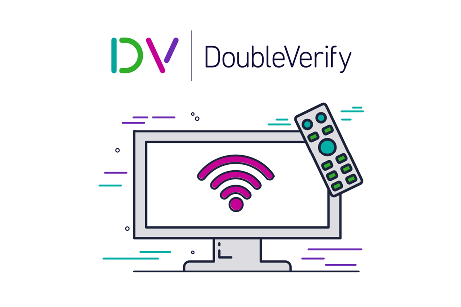 DoubleVerify logo featured in an illustration depicting a computer monitor and TV remote