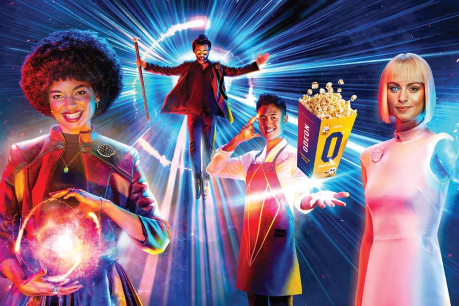 People with a flare of light in the background, one holding a wand, one holding popcorn, one holding a ball of fire and one with a robotic eye