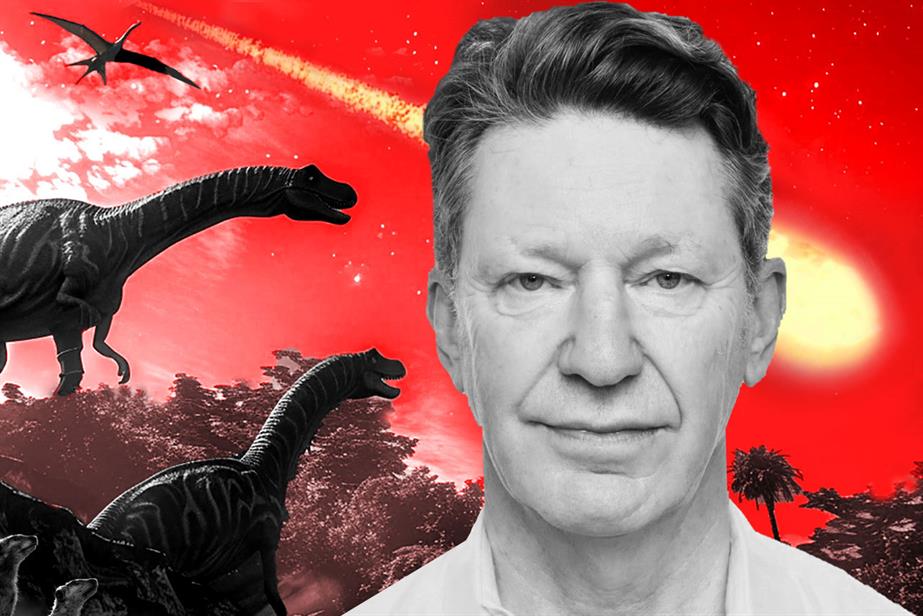 Composite image of a black and white photo of Stef Calcraft's head on a backdrop of dinosaurs and trees