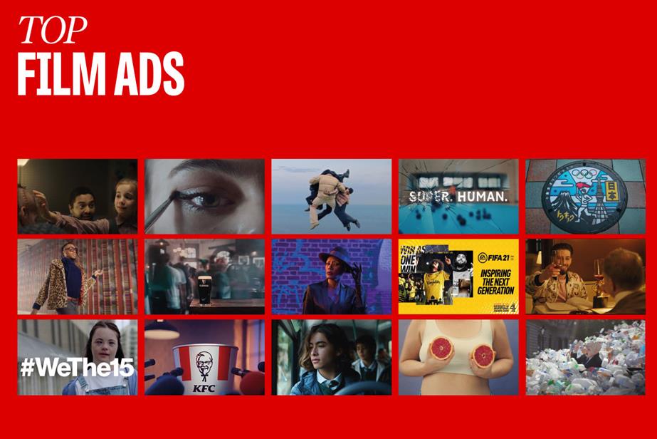 Top film ads [from left to right and top to bottom]: Macmillan Cancer Support, Dove, Burberry, Channel 4, BBC, Diet Coke, Guinness, Barclaycard, EA Sports, ITV, International Paralympic Committee, KFC, Google, Tommee Tippee and Greenpeace 