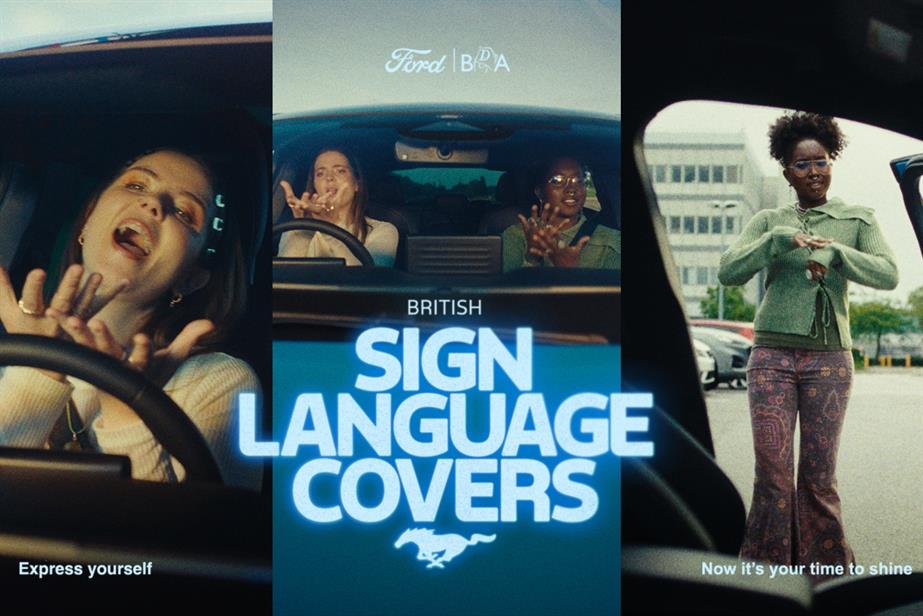 Two women doing sign language in a car, with the Ford logo and "British Sign Language covers" text onscreen.