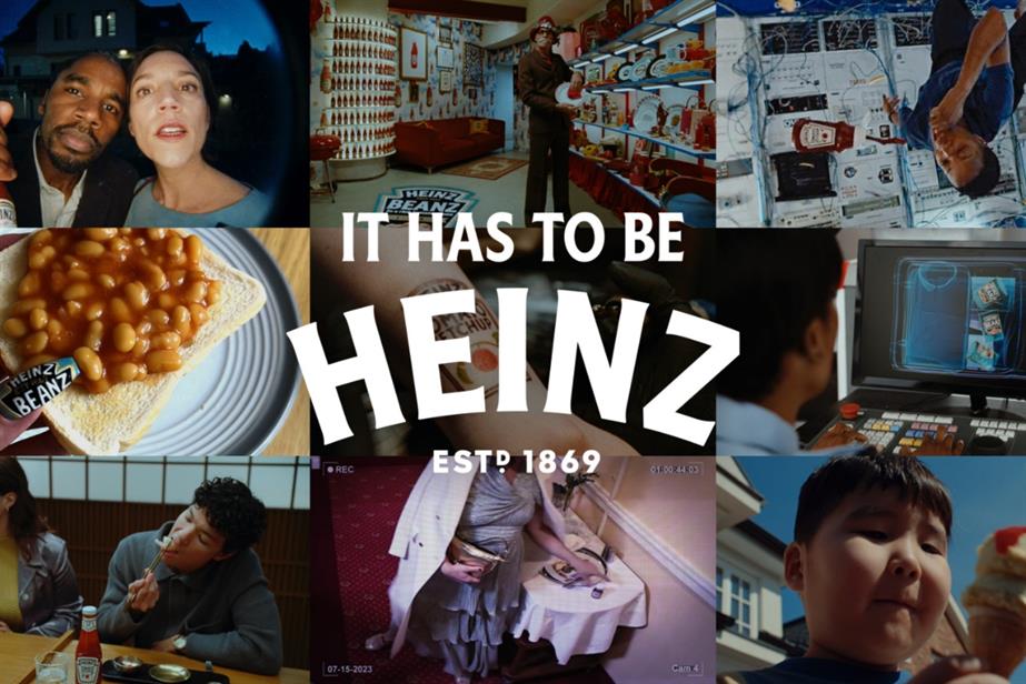 It has to be Heinz logo with collage of ads in the background