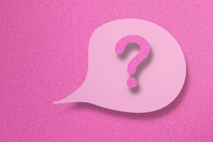 pink question mark within  pink speech bubble