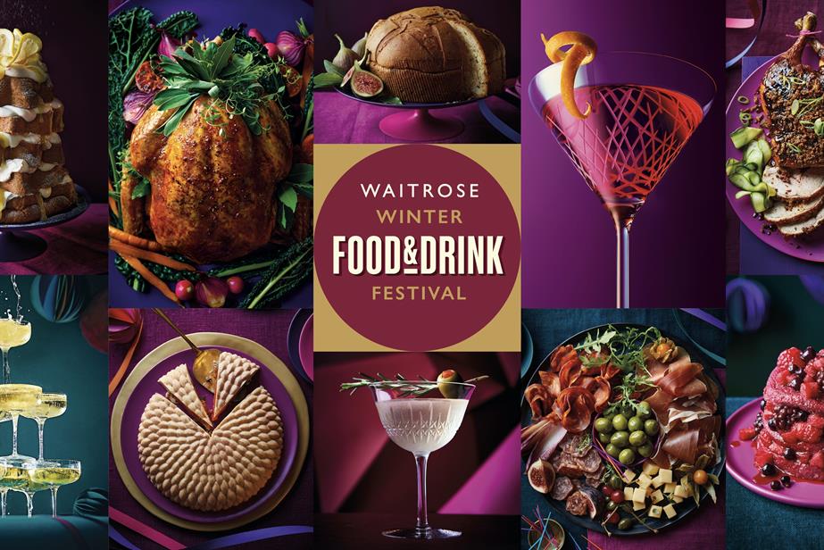 Collage of Christmas food and drinks with the logo for Waitrose Winter Food and Drink Festival