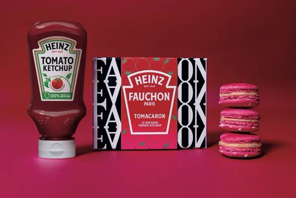 A bottle of Heinz Tomato Ketchup and a box of co-branded Fauchon 'Tomacarons'