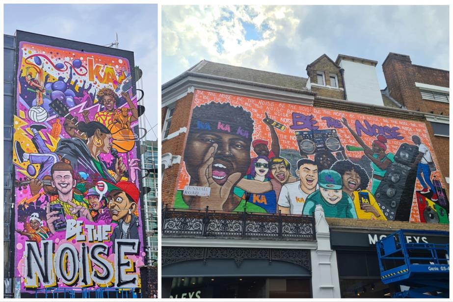 Two vibrant murals depicting young people and the slogan "Be the noise"