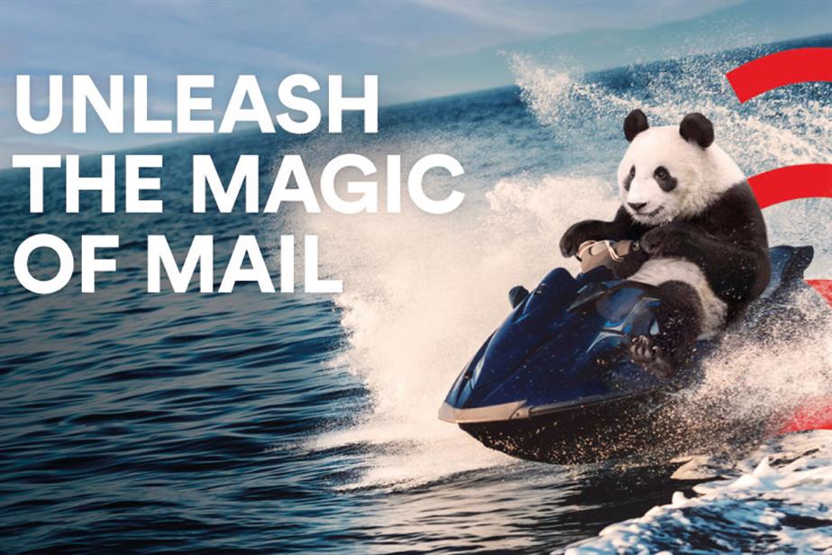A panda jet-skiing with the words "Unleash the magic of mail"