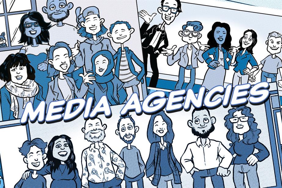 A cartoon image in blue of different people with text over the top saying 'Media Agencies'