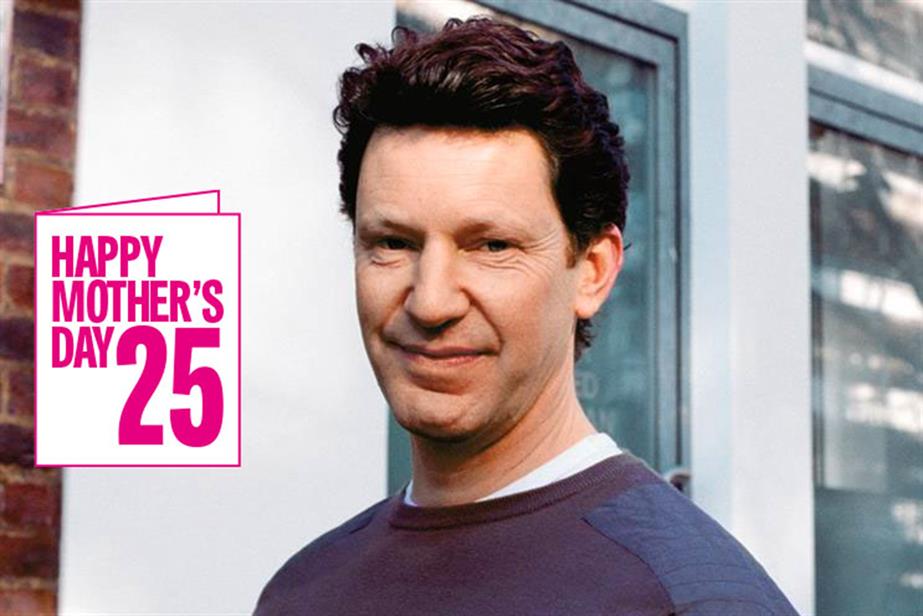 Head and shoulders image of Stef Calcraft smiling at the camera with the words Happy Mother's Day 25 in pink on a white background to the left